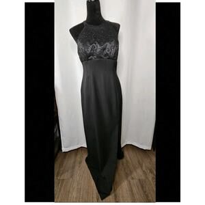 Vintage Hand Stiched Broucaid Bodice Halter Dress Black Size 10 Evening Gown